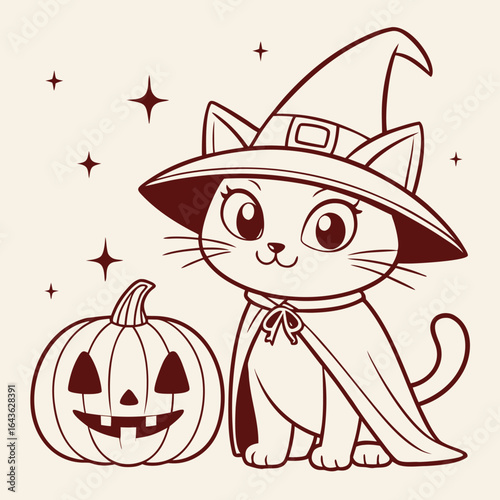 Charming outline drawing of a cat wearing a witch hat with a pumpkin and stars