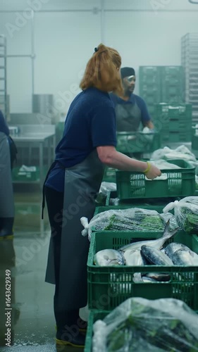 Woman Handling Frozen Fish Crates in a Cold Storage Facility