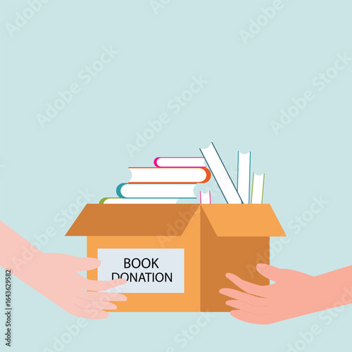 Hand giving and receiving donation box with full of books. cardboard box with books for donation international book giving day vector illustration