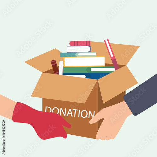 Hand giving and receiving donation box with full of books. cardboard box with books for donation international book giving day vector illustration