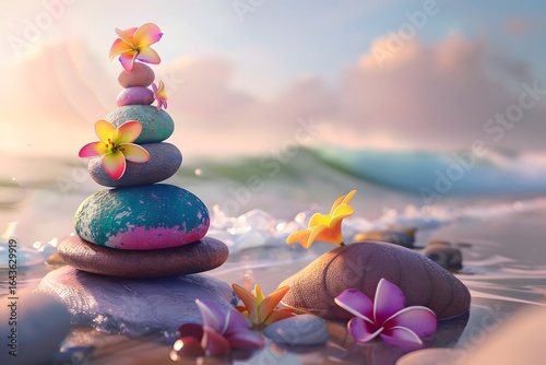 Stacked stones with flowers on a beach at sunset creating a peaceful and serene atmosphere