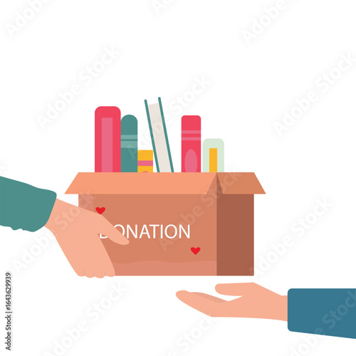 Hand giving and receiving donation box with full of books. cardboard box with books for donation international book giving day vector illustration