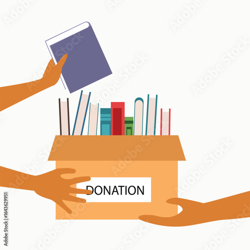 Hand giving and receiving donation box with full of books. cardboard box with books for donation international book giving day vector illustration