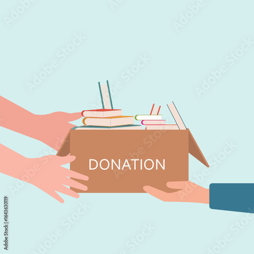 Hand giving and receiving donation box with full of books. cardboard box with books for donation international book giving day vector illustration