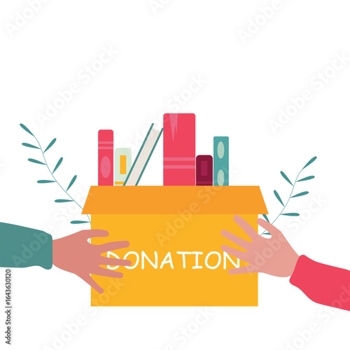 Hand giving and receiving donation box with full of books. cardboard box with books for donation international book giving day vector illustration