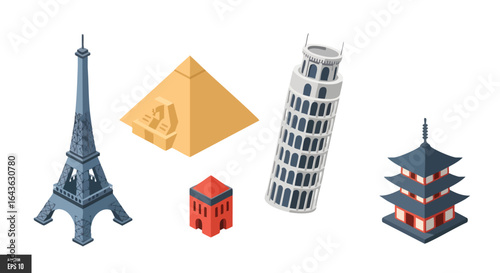 Isometric World Monuments Illustration, Eiffel Tower, Egyptian Pyramid, Leaning Tower Pisa, Japanese Pagoda, Global Travel