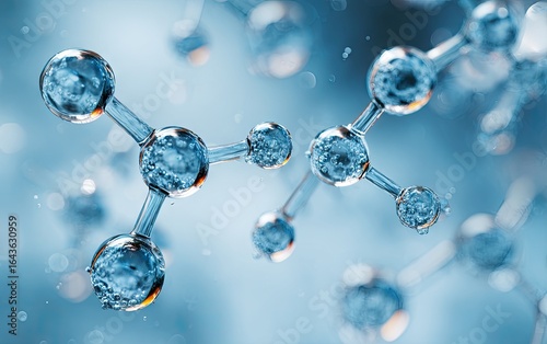 Close-up of translucent, spherical molecules connected by slender rods, floating against a blurred blue backdrop; suggesting a microscopic view of a chemical structure