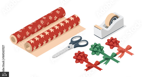 Christmas Gift Wrapping Essentials, Wrapping Paper, Scissors, Tape Dispenser, Festive Bows, Holiday Ribbons, Presents, Preparation, Isometric