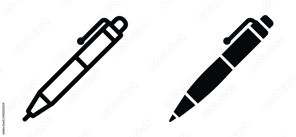 © JannatGraphicDesign - Vector art of two pen icons isolated on white background, one outlined and one solid black, showcasing different styles for writing, drawing, or office use in a minimalist and modern design