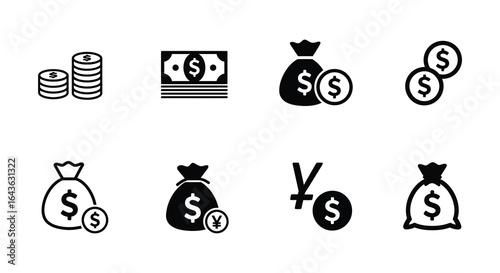 Money icons set dollar yen coins banknotes bags