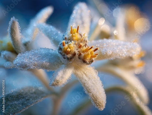 Close-up of two edelweiss flowers, covered in frost or dew, against a blurred blue-toned background; soft light highlights the delicate petals and central florets