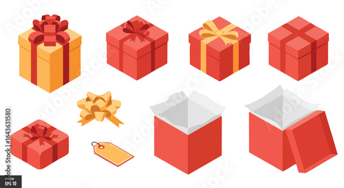 Isometric Gift Box Elements, Celebration, Holiday, Present, Red, Gold, Bow, Open, Closed