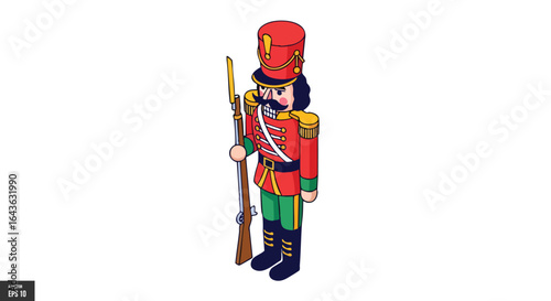 Isometric Nutcracker Soldier Icon, Christmas Toy, Holiday Decoration, Festive Character, Winter Tradition, Isolated Vector