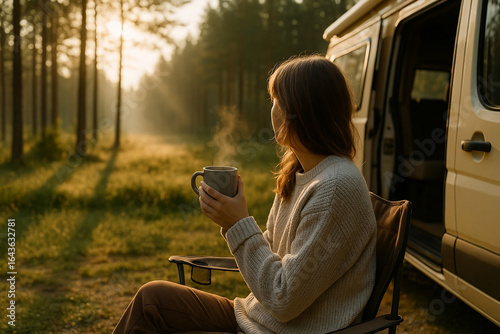 Woman enjoying morning coffee by camper van in forest at sunrise