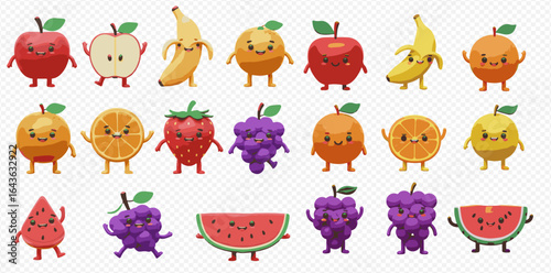 A collection of cute, anthropomorphic fruit characters with expressive faces, including apples, bananas, oranges, grapes, strawberries, and watermelons.