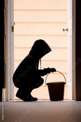 Child in hoodie holding bucket at open door silhouette