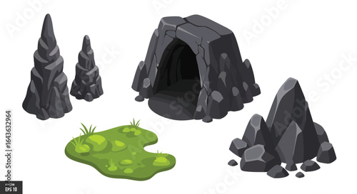Isometric Game Environment Assets, Cave, Rocks, Stalagmites, Boulders, Grass, Fantasy, Landscape, Nature, Vector, Isolated