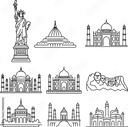 world, landmark, collection, famous, monument, travel, tourism, architecture, historic, building, international, icon, set, vector
