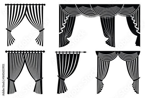 Illustration of various curtain styles isolated on white background, showcasing different designs, including swag, valance, and tie styles, suitable for window decoration and interior design projects