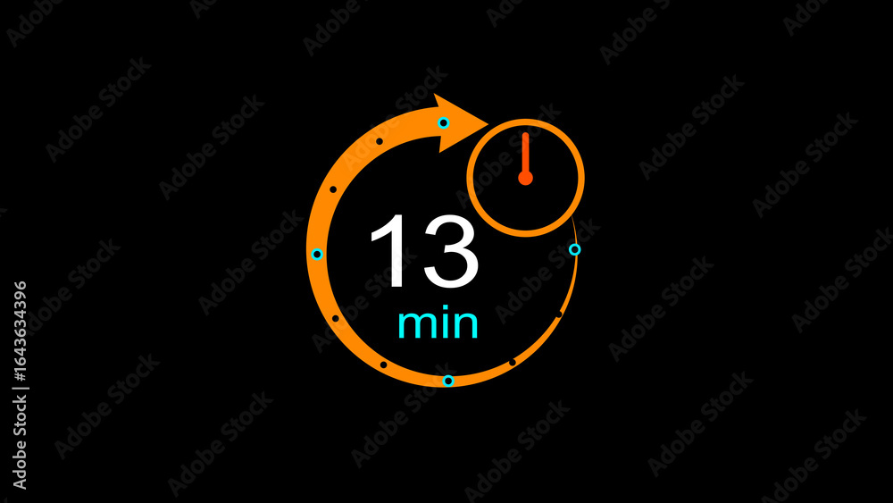 Fototapeta premium Abstract clock icon illustration. arrow Clock icon Digital and analog clock 13 minutes isolated on black background. and creating a stunning illustration.4k illustration 