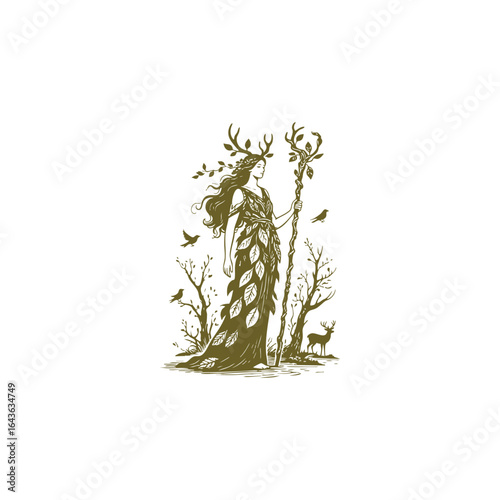 engraving style logo features a forest goddess standing while holding a staff, combining elegance, mysticism, and strength