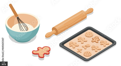 Festive Cookie Baking Illustration, Gingerbread Men, Christmas Cookies, Kitchen Utensils, Home Baking, Dough.