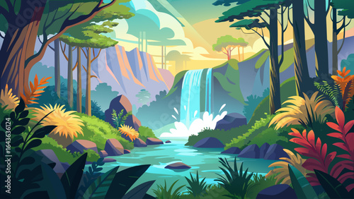Gentle mist rises from the falling water, cooling the warm forest air, while vibrant ferns and wildflowers thrive along the banks, embracing the tranquil beauty of this untouched natural paradise.