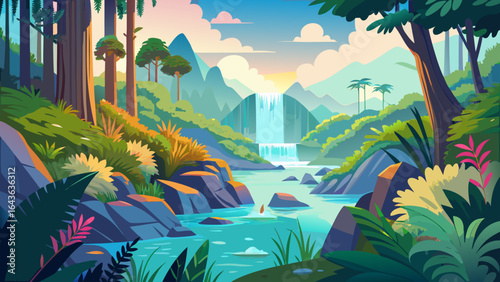 Gentle mist rises from the falling water, cooling the warm forest air, while vibrant ferns and wildflowers thrive along the banks, embracing the tranquil beauty of this untouched natural paradise.
