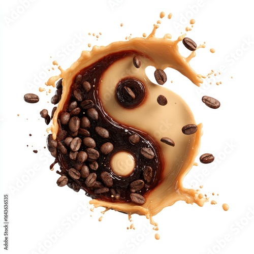 Coffee and cream yin-yang splash with beans, forming a dynamic, swirling symbol against a white backdrop
