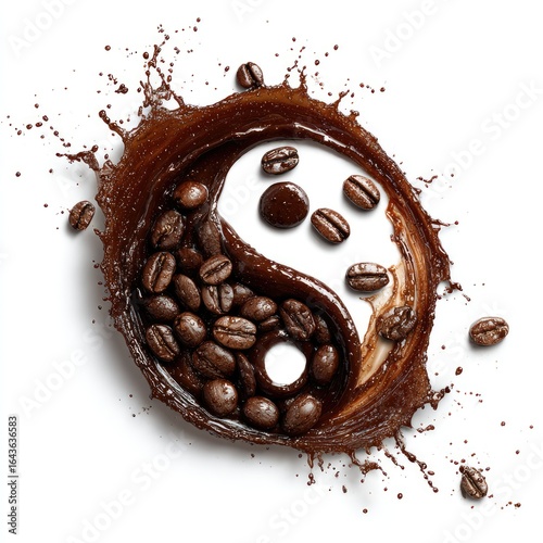 Coffee bean yin-yang symbol formed by a splash of dark liquid, surrounded by scattered beans on a white background