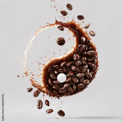 Coffee beans and liquid form a yin-yang symbol in a splash, with individual beans suspended in the air