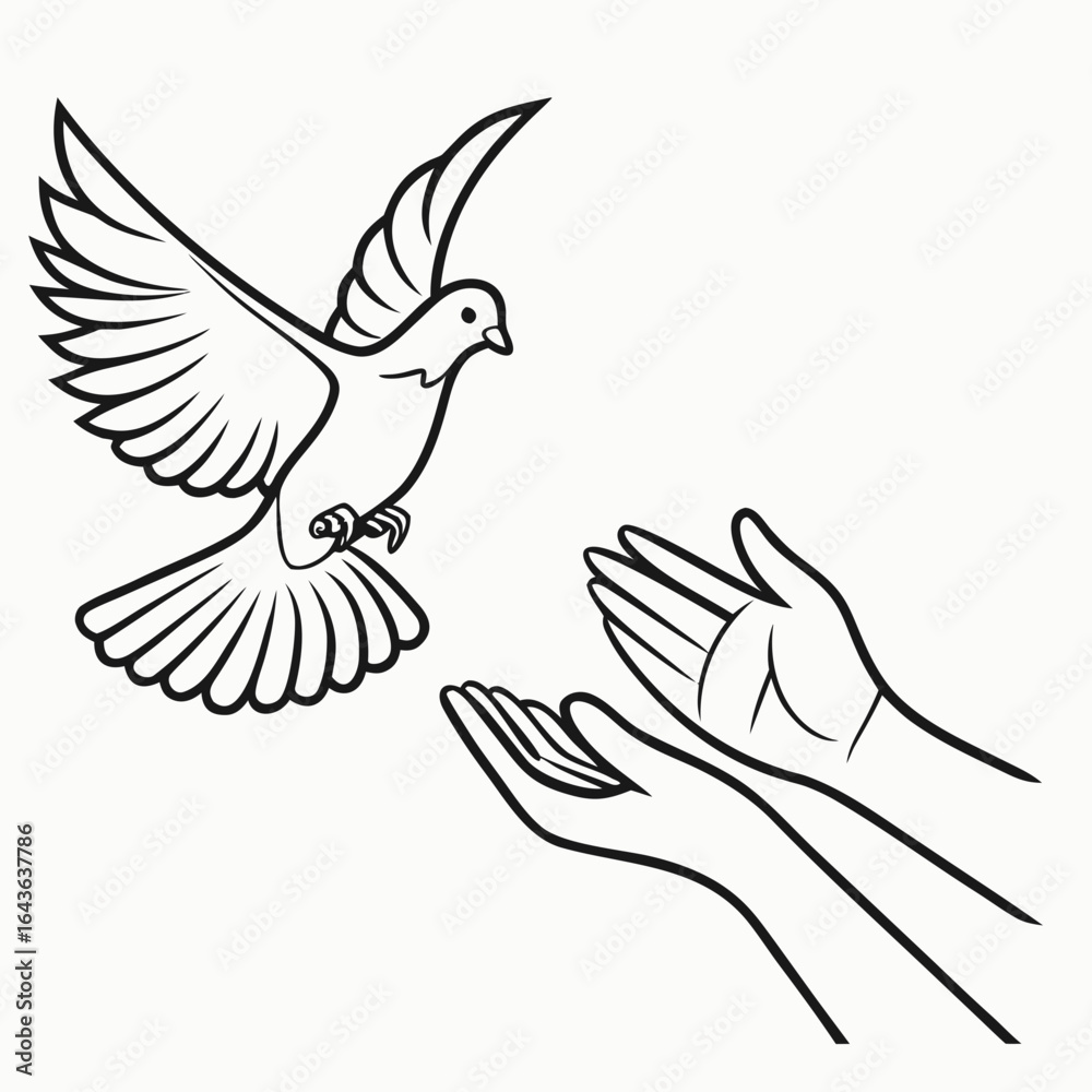 Obraz premium A white dove with outstretched wings flies down towards two open cupped hands against a white background
