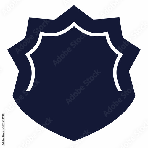 A stylized dark blue shield emblem with a decorative white outline on a clean white background