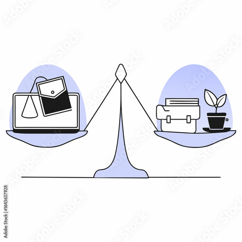 Balancing work and personal life with a laptop and briefcase on scales representing choice