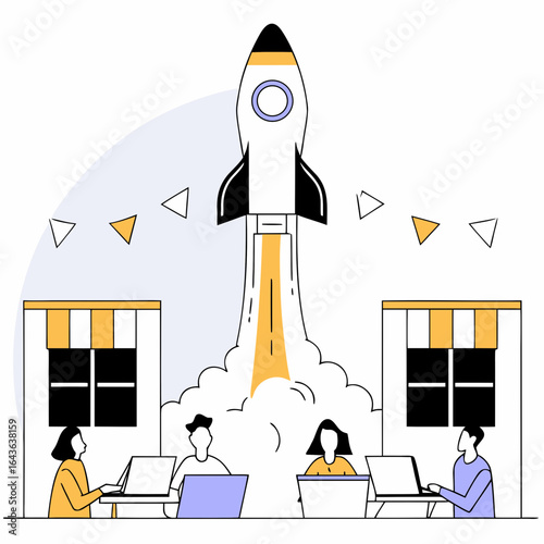 Diverse team of people working on laptops as a rocket launches into the sky symbolizing startup success
