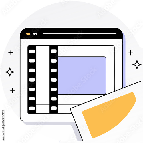 Flat design illustration of a video editing timeline with film strip and content preview on a computer screen