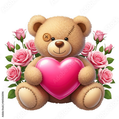 3d icon of cute teddy bear holding a pink heart surrounded by roses isolated on transparent background