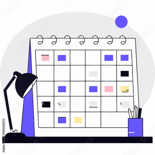 Modern flat design illustration of a desk with a calendar desk lamp and pen holder symbolizing planning and organization