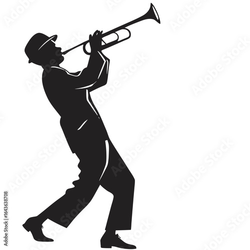 Silhouette of a jazz musician wearing a fedora hat playing a trumpet with passion and energy