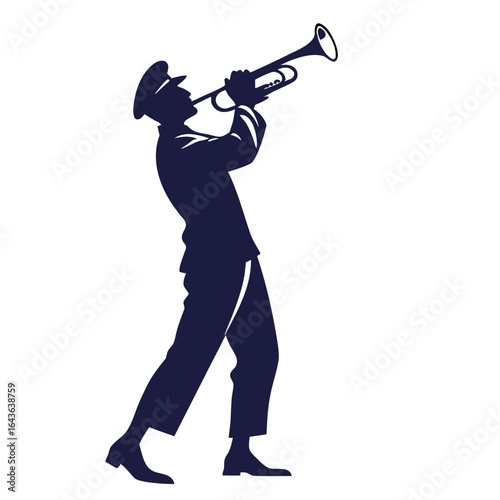Silhouette of a musician playing a trumpet in a stylish suit and cap against a white background