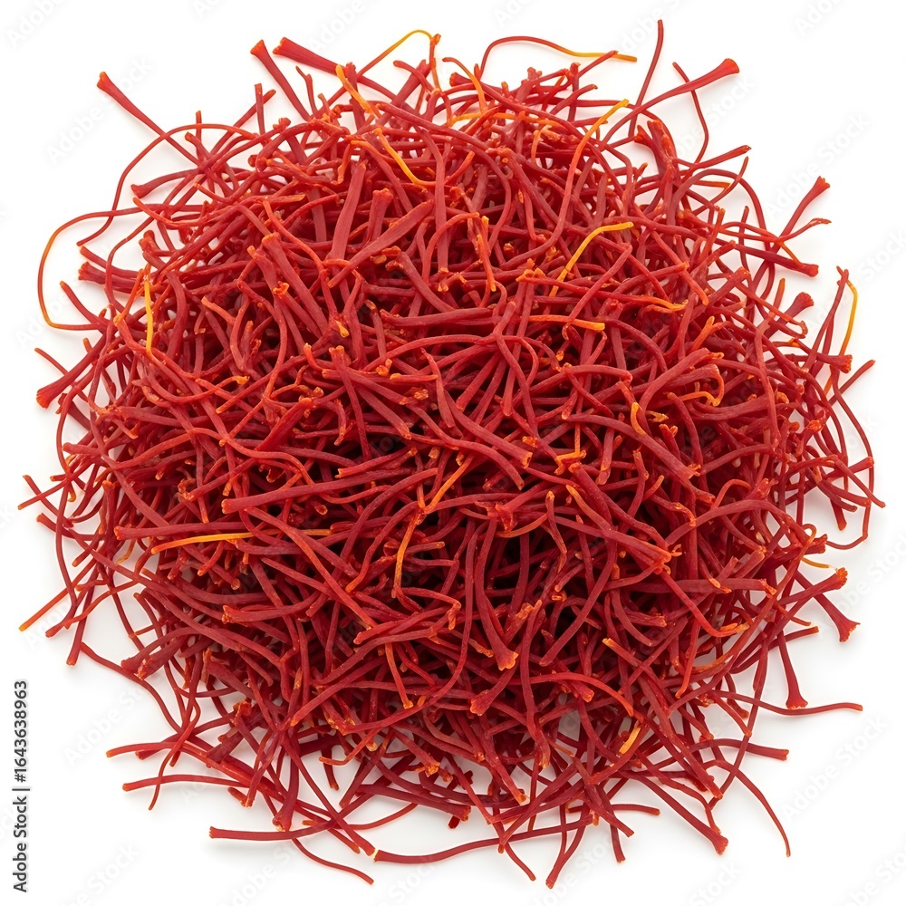 Naklejka premium Pile of dried red saffron threads, isolated on white background