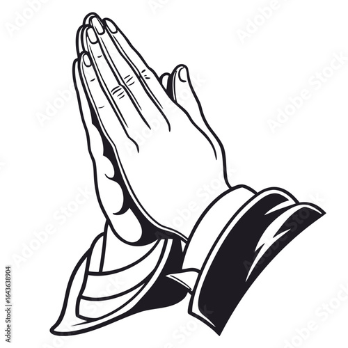Simple outline of praying hands with folded sleeves against a black background