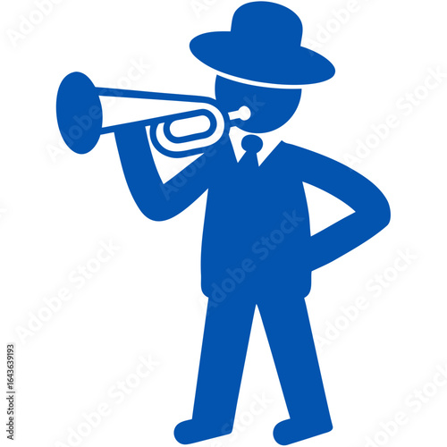 Stylized blue silhouette of a person wearing a hat and tie playing a trumpet on a black background