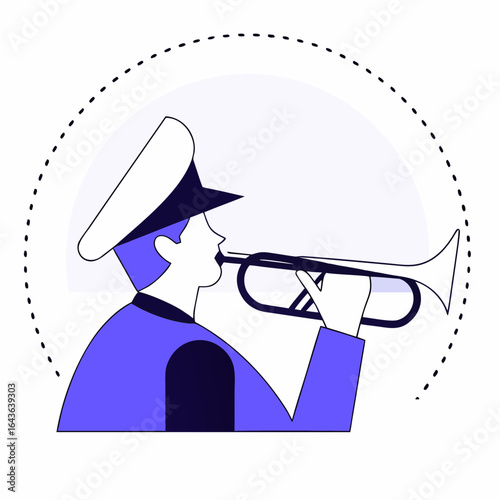 Stylized illustration of a person in uniform playing a trumpet within a dotted circular frame