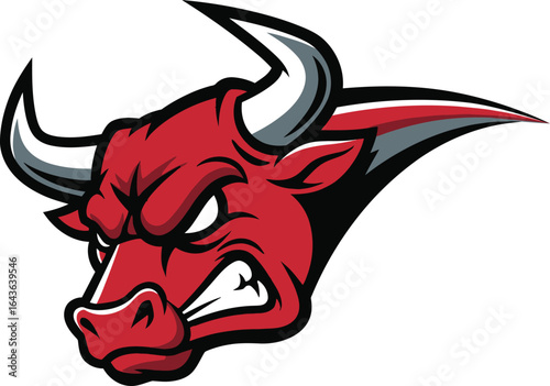 Furious Red Bull Head Mascot Vector Logo. An Aggressive and Charging Animal Graphic Design with Dynamic Lines, perfect for a Sports Team or Company Brand Identity.