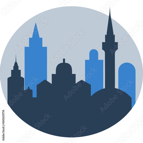 Stylized silhouette of a city skyline with a mosque minaret and modern buildings in a circle