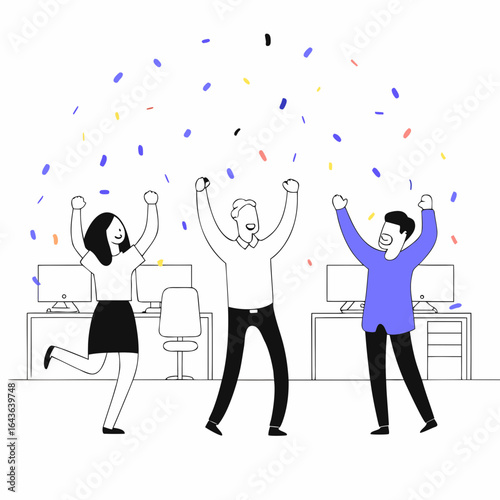 Three happy diverse colleagues celebrating success with colorful confetti falling in a modern office setting