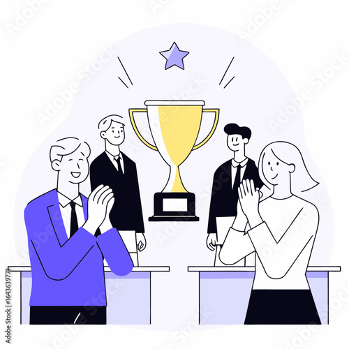 Team members celebrate winning a prestigious award with a golden trophy and a shining star above them