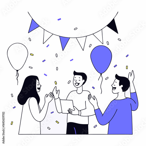 Three happy people celebrating with balloons and confetti under festive bunting flags