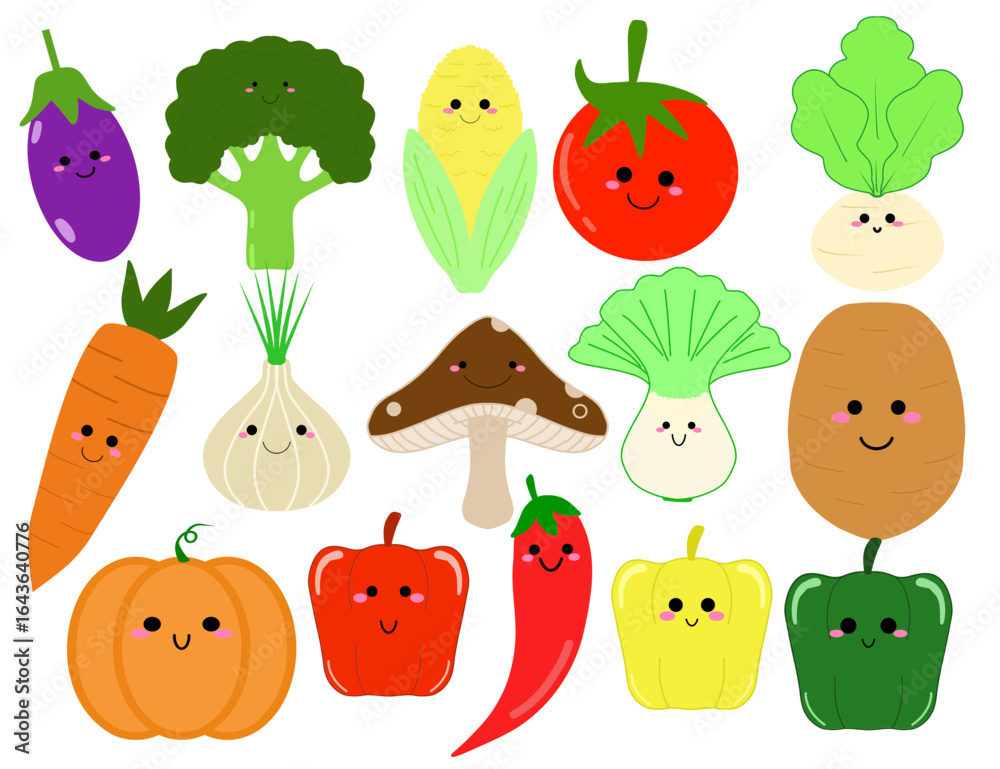 Fototapeta premium Cute Vegetable Clipart Set – Kawaii Food Illustration in Vector